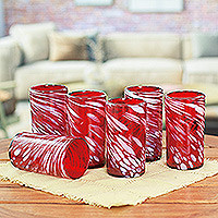 Blown glass tumblers, 'Ruby Splash' (set of 5) - Set of 5 Red Artisan Crafted Hand Blown Glasses