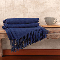 Throw blanket, 'Intersections in Blue' - Fringed Blue Acrylic/Alpaca Blend Throw Blanket