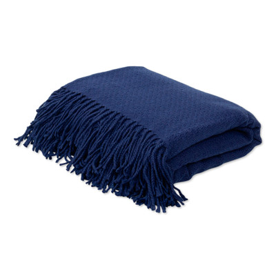 Throw blanket, 'Intersections in Blue' - Fringed Blue Acrylic/Alpaca Blend Throw Blanket