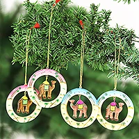 Wood ornaments, 'Ring of Camels' (set of 4) - Handcrafted Wood Camel Ornaments Set of 4