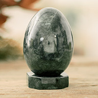 Jade sculpture, 'Emerald Sphere' - Dark Green Jade Egg Sculpture with Stand from Guatemala