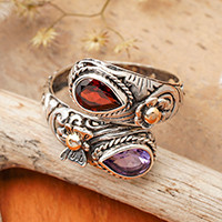Gold-accented garnet and amethyst wrap ring, 'Fluttering Jewels' - Nature-Inspired Balinese-Made Garnet and Amethyst Wrap Ring