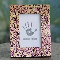 Glass mosaic photo frame, 'Purple Ripples' (4x6) - Gold and Purple 4 x 6 Handcrafted Glass Mosaic Photo Frame