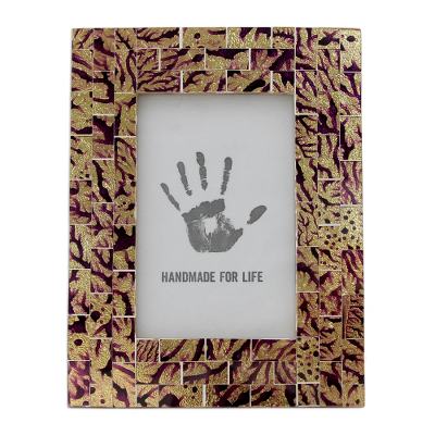 Glass mosaic photo frame, 'Purple Ripples' (4x6) - Gold and Purple 4 x 6 Handcrafted Glass Mosaic Photo Frame