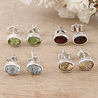 Gemstone stud earrings, 'All for One' (set of 4) - Set of 4 Gemstone and Sterling Silver Stud Earrings