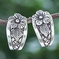 Sterling silver drop earrings, 'Woven Flowers' - Hand Made Sterling Silver Floral Drop Earrings
