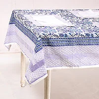 Cotton table linen set, 'Royal Garden' (set for 6) - Floral Cotton Table Linen Set in Blue from India (Set for 6)