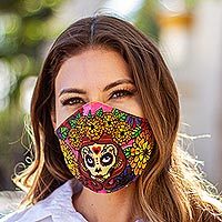 Cotton and polyester face masks, 'Marigold Skeletons' (pair) - 2-Layer Day of the Dead Bright Skeleton Face Masks (Pair)
