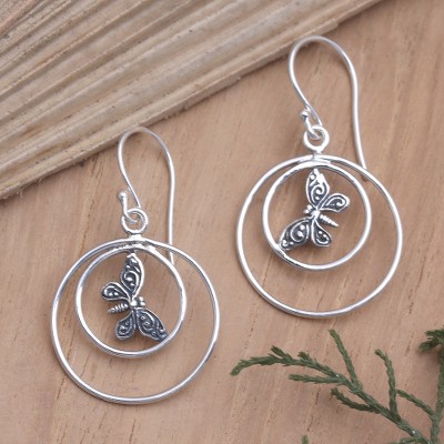 Sterling silver dangle earrings, 'Caged Butterfly' - Handmade Sterling Silver Butterfly Earrings