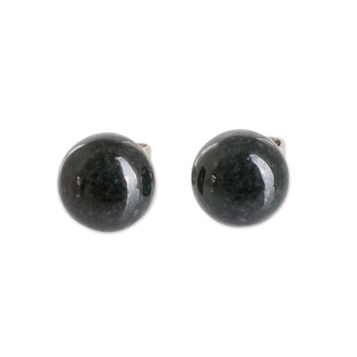 Jade stud earrings, 'Jade Shadows' - Sterling Silver Stud Earrings with Green Jade Beads