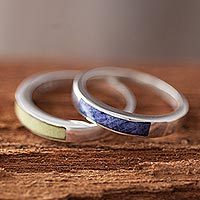 Sodalite and serpentine band rings, 'Dual Enchantment' (pair) - Sodalite and Serpentine Band Rings (Pair)