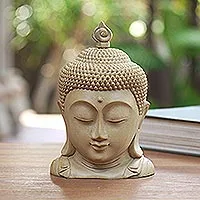 Wood sculpture, 'Temple Head' - Crocodile Wood Buddha Sculpture