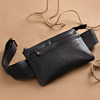 Black leather belt bag, 'Handy Traveler' - Handcrafted Black Leather Belt Bag with Adjustable Strap