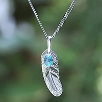 Men's reconstituted turquoise pendant necklace, 'Bright Feather' - Men's Reconstituted Turquoise Feather Pendant Necklace