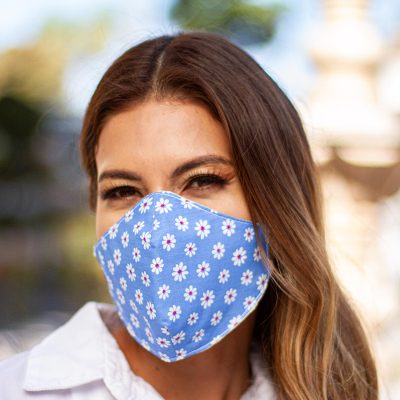 Cotton and polyester face masks, 'Blue Daisy Daze' (pair) - 2 Double Layer Red Polyester Print Cotton Elastic Headband F