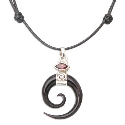 Horn and garnet pendant necklace, 'Midnight Halloween' - Spiral Horn Garnet and Sterling Silver Pendant Necklace