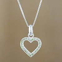 Peridot pendant necklace, 'Happy Heart in Love' - Thai Sterling Silver and Peridot Heart Pendant Necklace