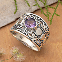Amethyst single stone ring, 'Garden of Amethyst' - Classic Balinese-Inspired Faceted Amethyst Single Stone Ring