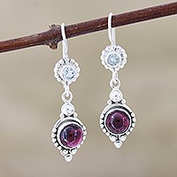 Garnet and blue topaz dangle earrings, 'Blissful Dazzle' - Garnet and Blue Topaz Silver Dangle Earrings