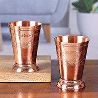 Copper rocks glass, 'Glamorous Elixir' (pair) - Classic High-Polished Copper Rocks Glass Pair Made in India