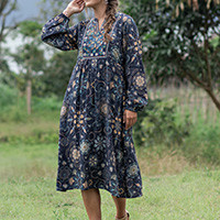 Rayon A-line dress, 'Celestial Day' - Floral-Patterned Embroidered Blue 100% Rayon A-Lined Dress