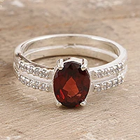 Cubic zirconia and garnet solitaire ring, 'Passion Catwalk' - Cubic Zirconia Solitaire Ring with Faceted Garnet Stone