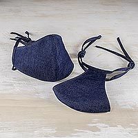 Cotton face masks, 'Blue Denim Classic' - 2 Ties-On Dark Blue Cotton Denim 3-Layer Unisex Face Masks