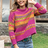 Alpaca blend relaxed sweater, 'Color Story' - Ribbed Knit Alpaca Blend Pullover Sweater in Fuchsia Shade