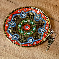 Brass wall art, 'Red Paradise Drops' - Geometric Red and Blue Brass Wall Art with Drop Motifs