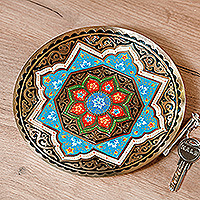 Brass wall art, 'Eden Illusions' - Black and Blue Geometric Brass Wall Art with Floral Motifs