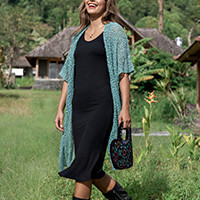 Open knit kimono, 'Ultimate Allure in Ocean' - Open-Front Short-Sleeved Knit Long Jacket in Seafoam Shade