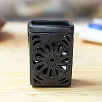Ceramic pencil holder, 'Oaxacan Flower' - Oaxaca Barro Negro Rectangular Floral Ceramic Pencil Holder