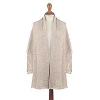 Alpaca blend shawl, 'Dreamy Mist' - Warm White Alpaca Blend Eyelet and Cable Knit Shawl