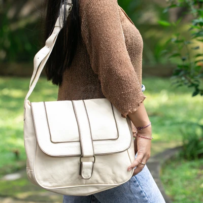 Leather sling, 'Stylish Companion in Ivory' - Handcrafted Adjustable Leather Sling in Ivory from Java
