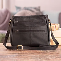 Leather sling bag, 'Andean Evening' - Minimalist Black Leather Sling Bag with Adjustable Strap