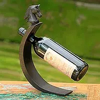 Wood wine bottle holder, 'Black Balinese Pony' - Black Horse Theme Bali Carved Wood Wine Bottle Holder