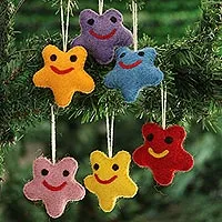 Wool felt ornaments, 'Cheery Stars' (set of 6) - Assorted Wool Felt Star Ornaments from India (Set of 6)