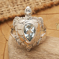 Blue topaz cocktail ring, 'Turtle Empathy' - 925 Sterling Silver Animal Theme Turtle Ring with Blue Topaz
