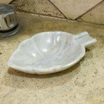 Marble catchall, 'Handy Leaf in Ivory' - Leaf-Shaped Marble Catchall in Eggshell from Mexico