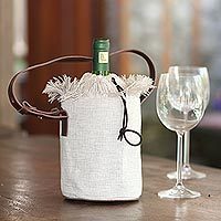 Wine bag, 'Vineyard Picnic' - Elegant Cotton and Leather Wine Tote Bag