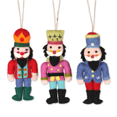Wool felt ornaments, 'Festive Nutcrackers' (set of 3) - Christmas Nutcracker-Themed 3-Piece Wool Felt Ornament Set