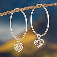 Sterling silver hoop earrings, 'Precious Romance' - Sterling Silver Heart Themed Hoop Earrings from Peru