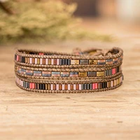 Glass beaded wrap bracelet, 'Laguna' - Glass Beaded Wrap Bracelet with Tibetan-Style Pewter Button