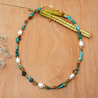 Gold-accented pearl and reconstituted turquoise necklace, 'Boho Spirit' - Cultured Pearl Reconstituted Turquoise Gold Accent Necklace