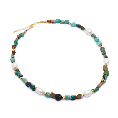 Gold-accented pearl and reconstituted turquoise necklace, 'Boho Spirit' - Cultured Pearl Reconstituted Turquoise Gold Accent Necklace