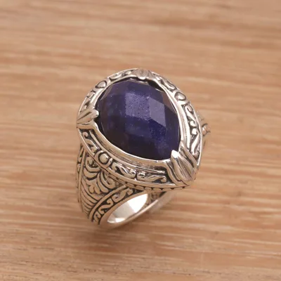 Sapphire cocktail ring, 'Palace Elegance' - Handmade Balinese Sapphire and Sterling Silver Cocktail Ring