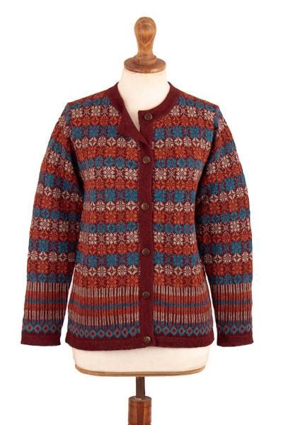 100% alpaca cardigan sweater, 'Andean Mosaic' - Mosaic-Patterned Red 100% Alpaca Cardigan Sweater from Peru
