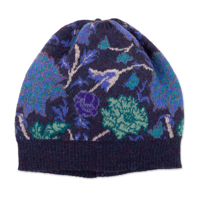 100% baby alpaca hat, 'Andean Blooms' - 100% Baby Alpaca Floral and Leaf Knit Ribbed Jacquard Hat