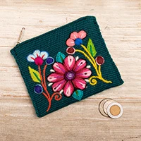 Alpaca blend coin purse, 'Primaveral Viridian' - Artisan-Made Spring-Themed Viridian Alpaca Blend Coin Purse