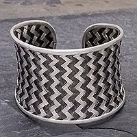 Silver cuff bracelet, 'Dark Path' - Woven 950 Silver Cuff Bracelet from Thailand